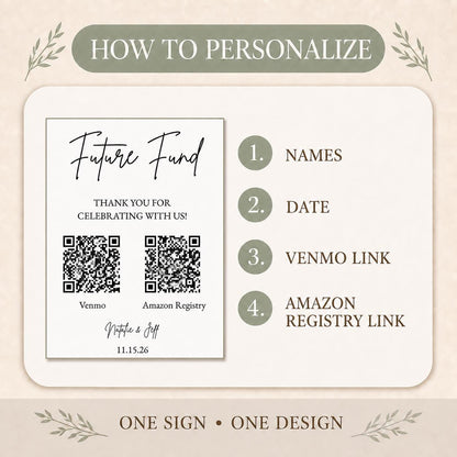 How to personalize the sign with names date Venmo link and Amazon Registry link