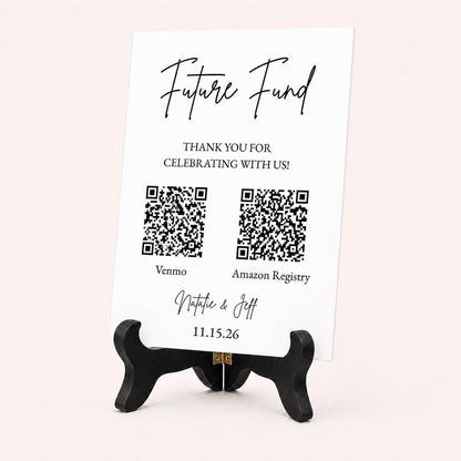 White acrylic Future Fund wedding sign displayed on the optional eight inch black wooden folding easel