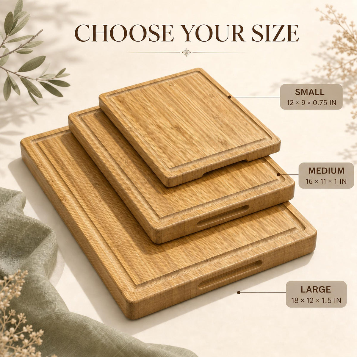 Personalized Camping Cutting Board shown in three available bamboo board sizes.