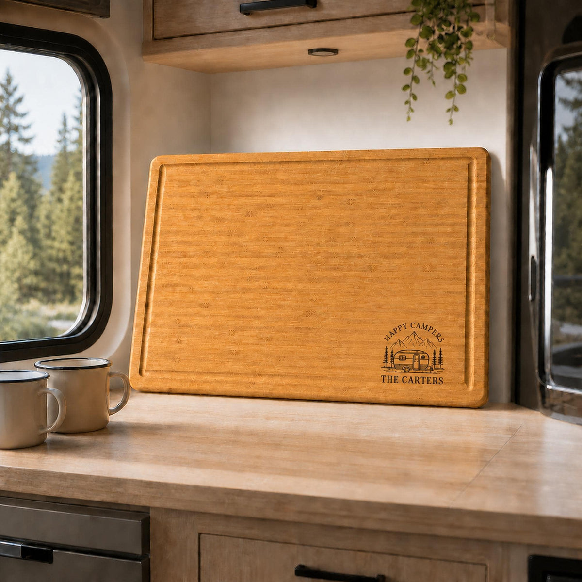 Personalized Camping Cutting Board shown in upright kitchen display.