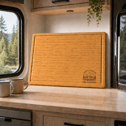 Personalized Camping Cutting Board shown in upright kitchen display.
