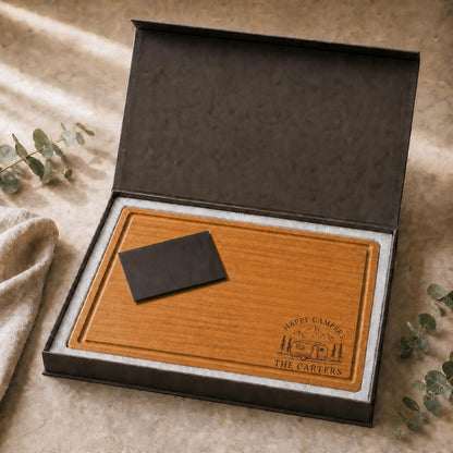 Personalized Camping Cutting Board shown in premium magnetic gift box.