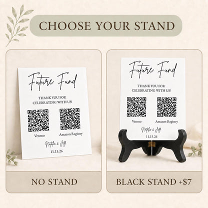 Choose no stand or add the black wooden folding display stand for seven dollars