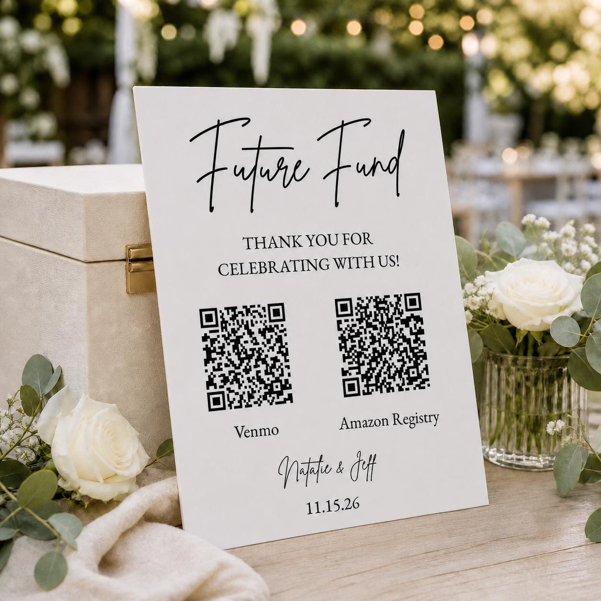 Personalized Future Fund acrylic sign displayed beside a wedding card box at an outdoor reception