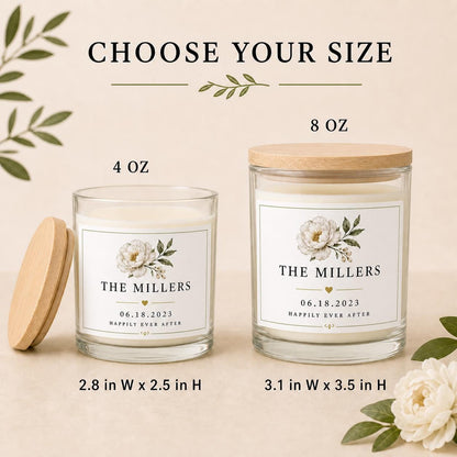 Side-by-side 4 oz and 8 oz wedding couple candles showing the size difference