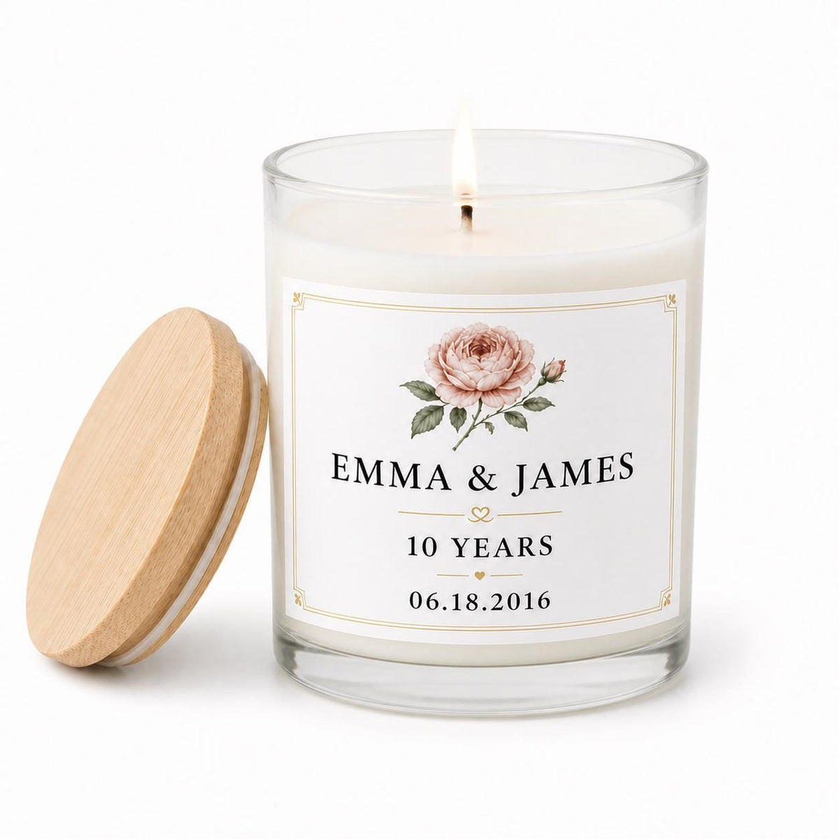 personalized Anniversary Candle, Custom Names and Wedding Date Gift on a clean white background
