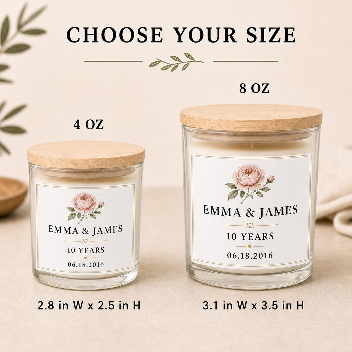 Side-by-side 4 oz and 8 oz anniversary candles showing the size difference