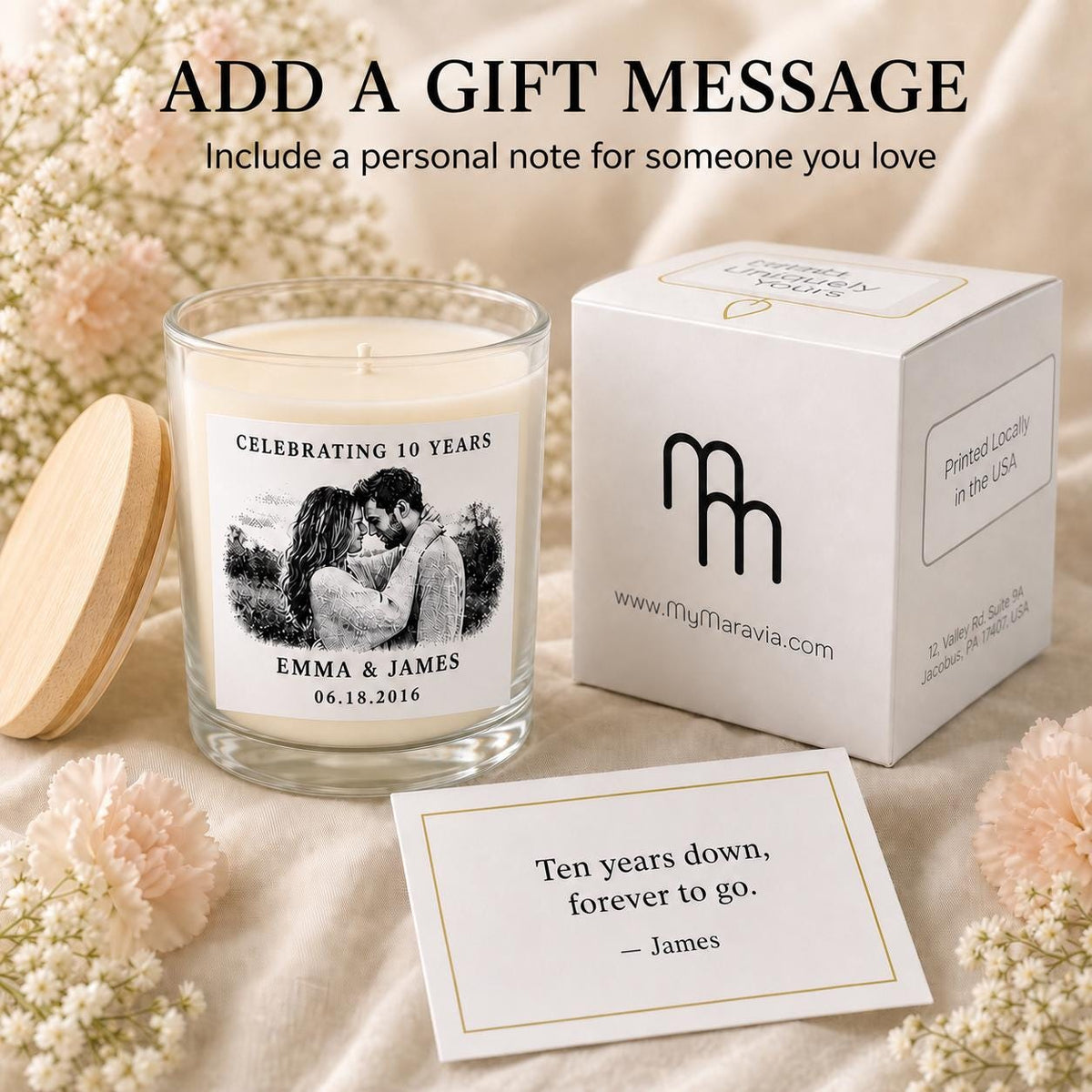 anniversary candle with personalized gift-message card and gift box