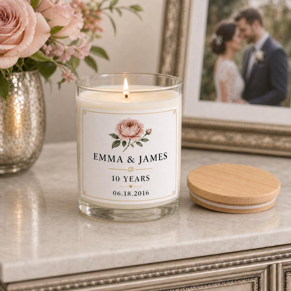personalized Anniversary Candle, Custom Names and Wedding Date Gift in a staged gift setting