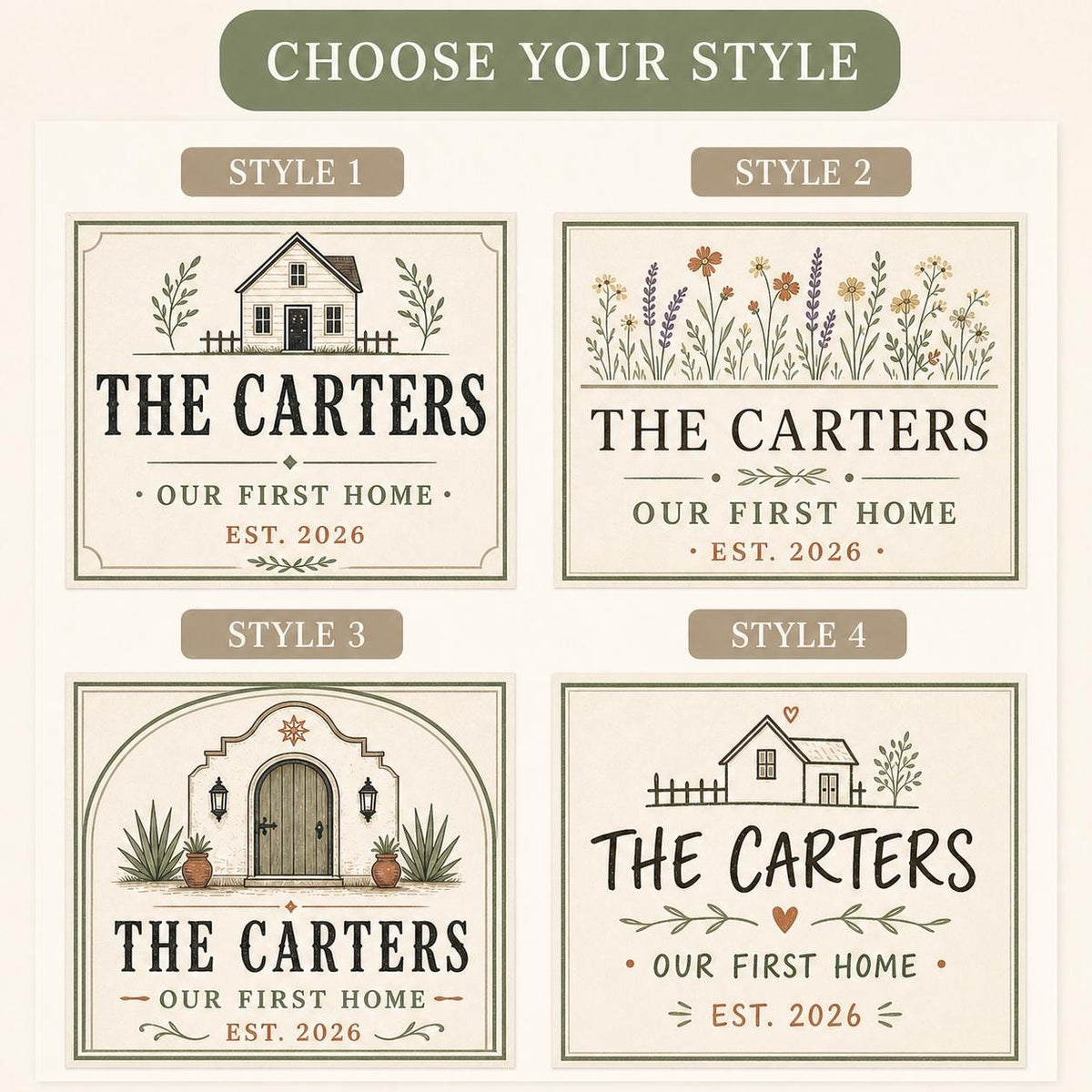 Choose from four coordinated first home candle label styles