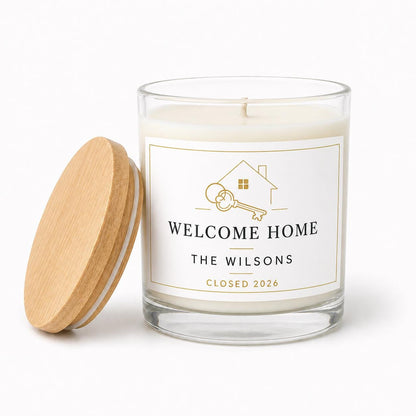 personalized Realtor Closing Candle, Custom New Homeowner Gift on a clean white background