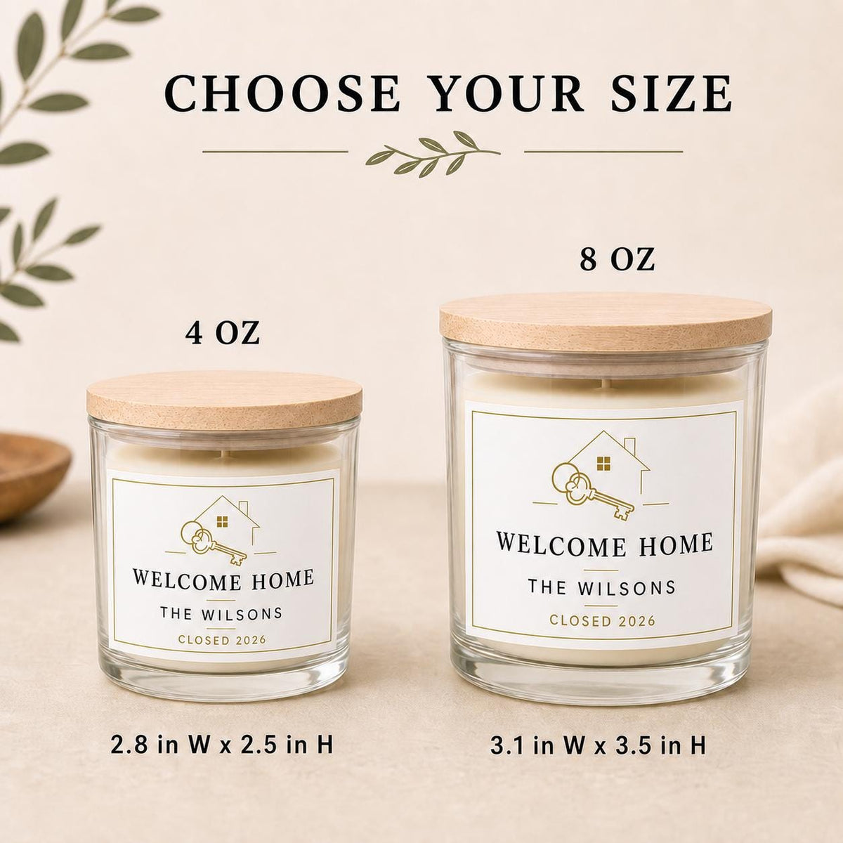 Side-by-side 4 oz and 8 oz realtor closing candles showing the size difference