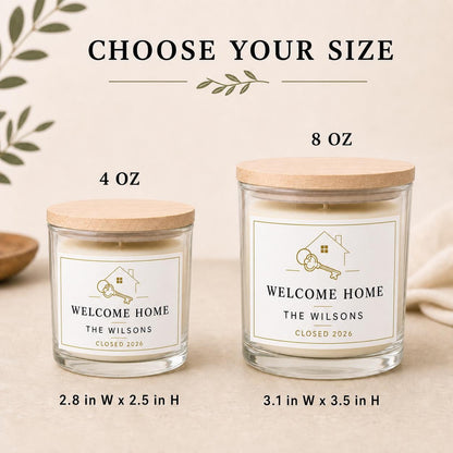 Side-by-side 4 oz and 8 oz realtor closing candles showing the size difference