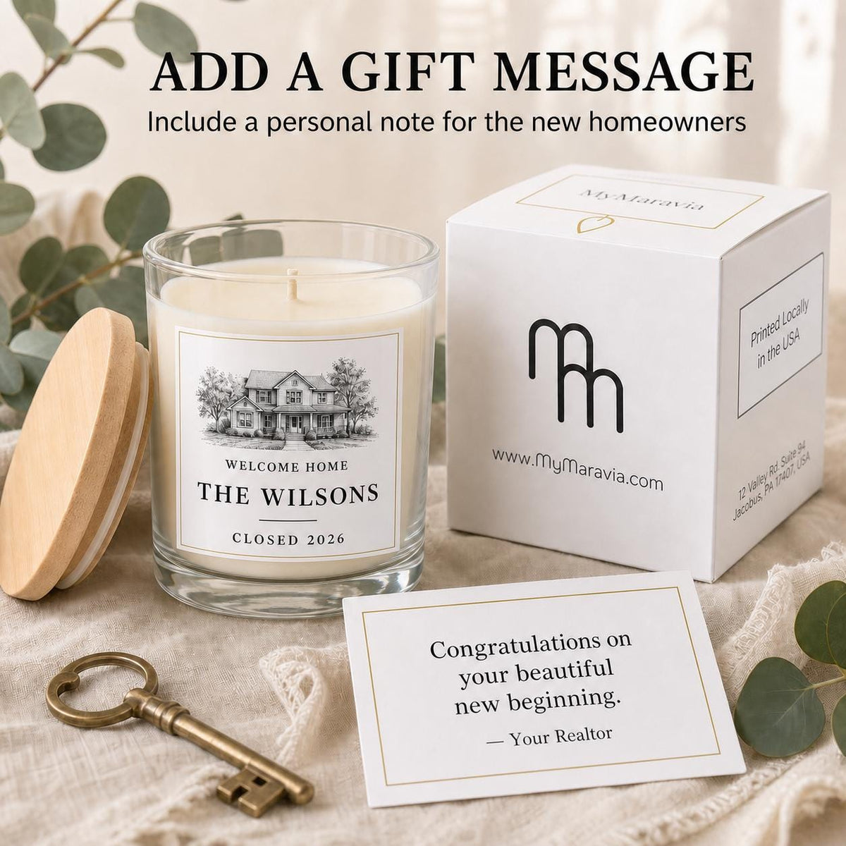 realtor closing candle with personalized gift-message card and gift box