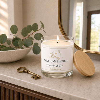 personalized Realtor Closing Candle, Custom New Homeowner Gift in a staged gift setting