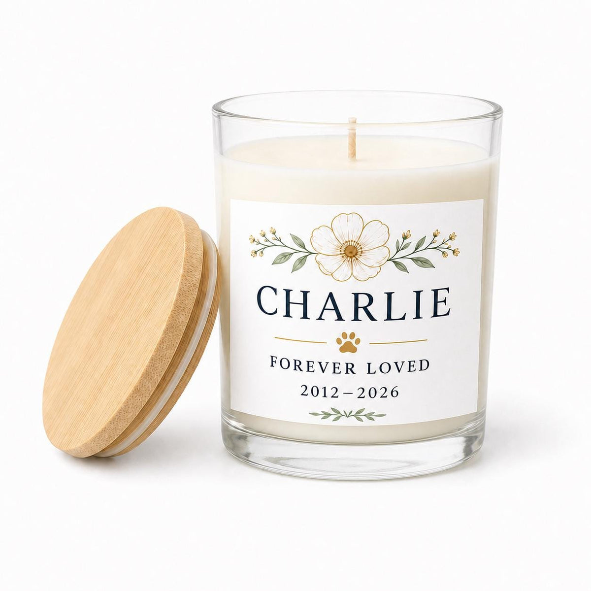 personalized Pet Memorial Candle, Custom Pet Name Remembrance Gift on a clean white background