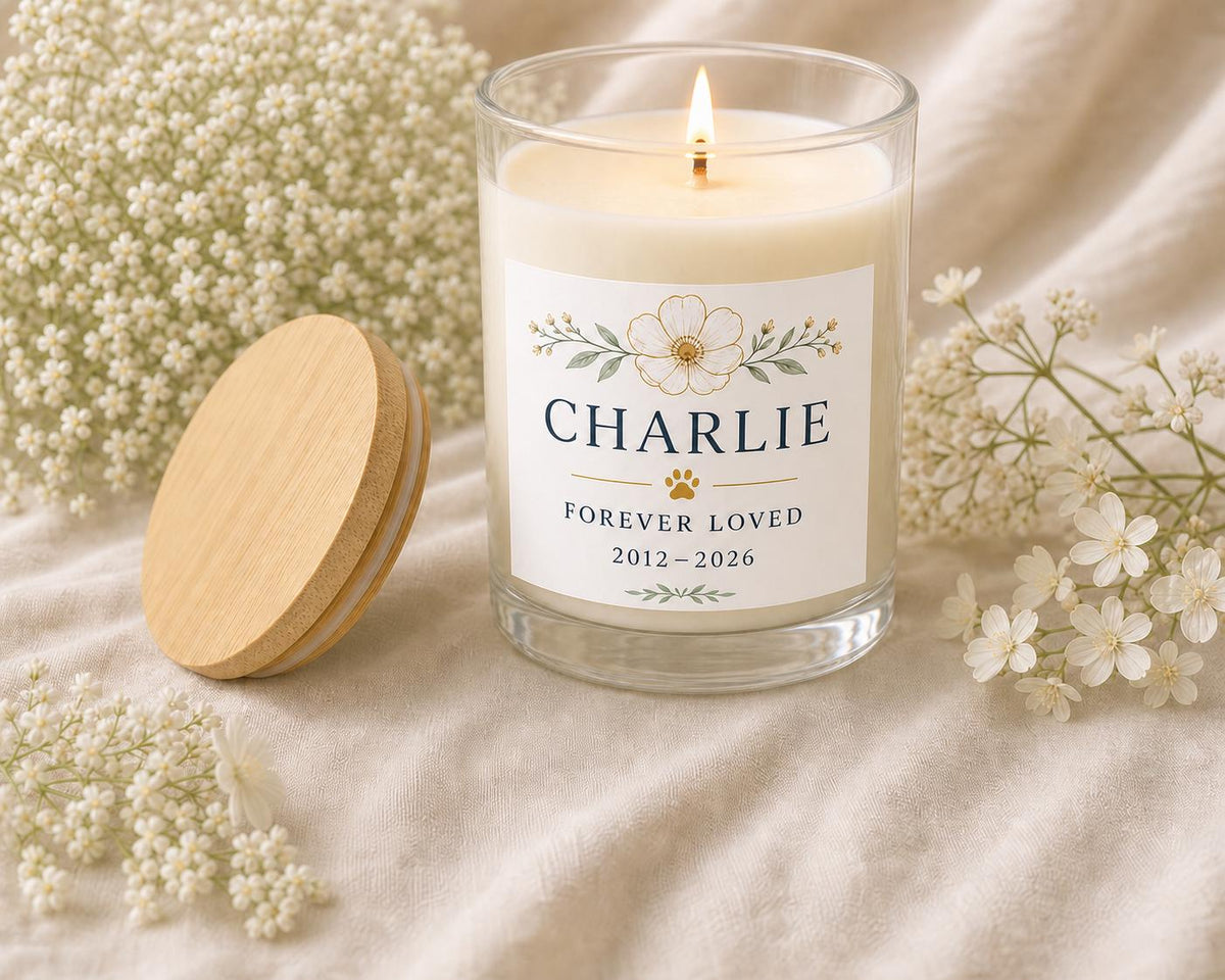 Side-by-side 4 oz and 8 oz pet memorial candles showing the size difference