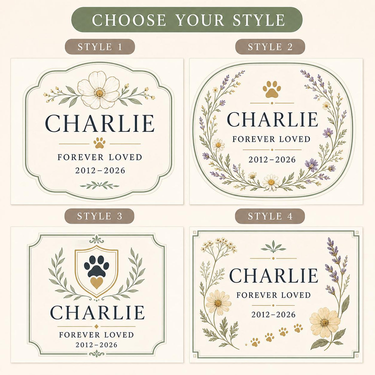 Choose from four coordinated pet memorial candle label styles
