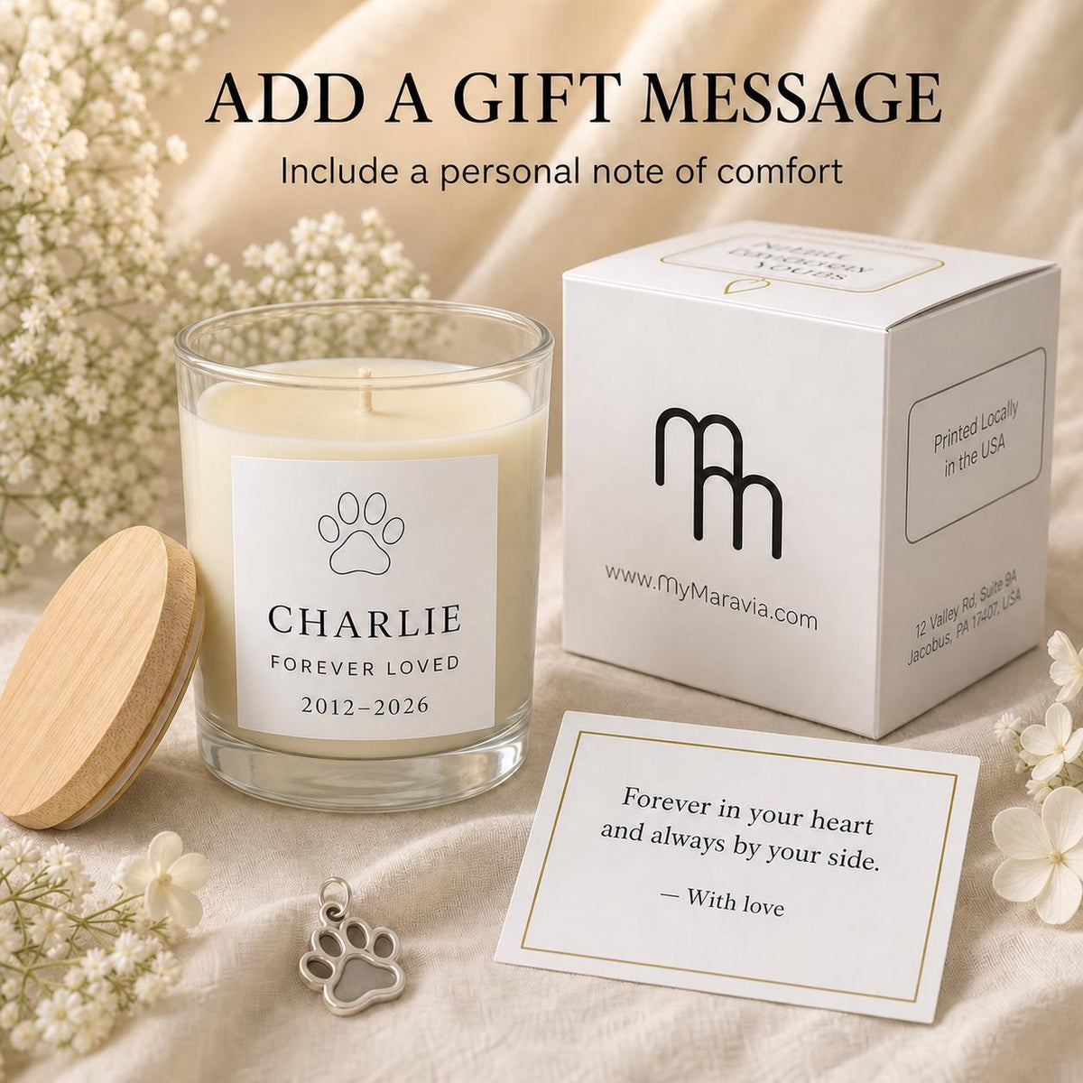 pet memorial candle with personalized gift-message card and gift box