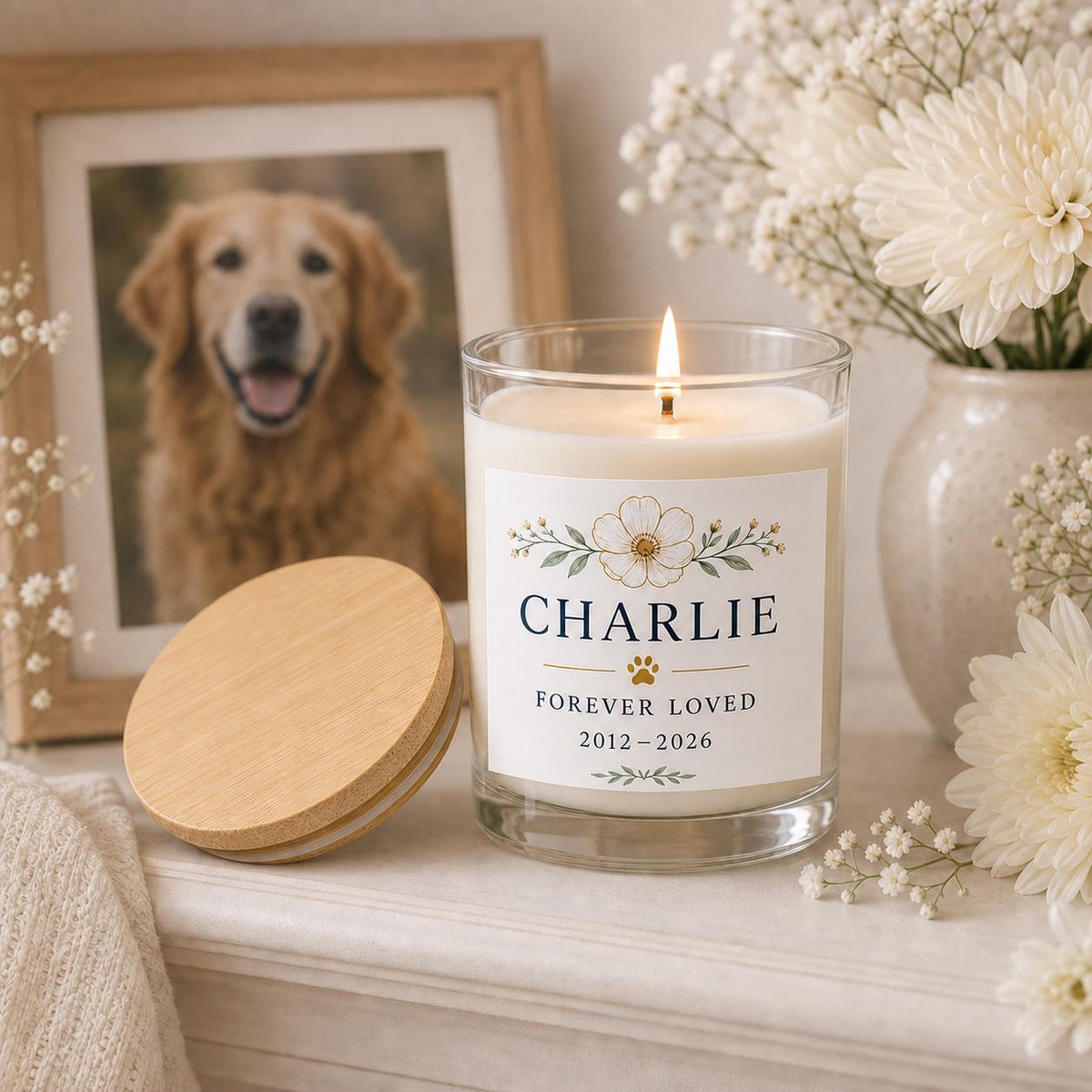 personalized Pet Memorial Candle, Custom Pet Name Remembrance Gift in a staged gift setting