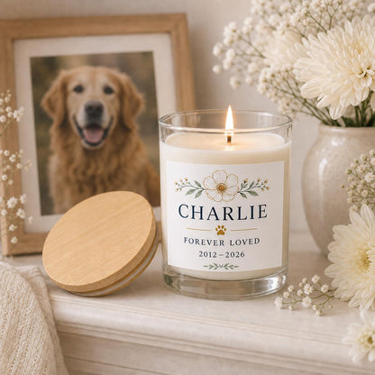 personalized Pet Memorial Candle, Custom Pet Name Remembrance Gift in a staged gift setting