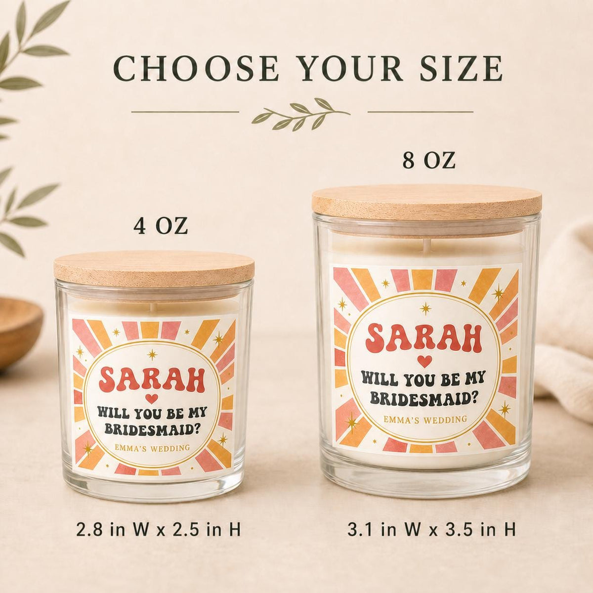 Side-by-side 4 oz and 8 oz bridesmaid proposal candles showing the size difference