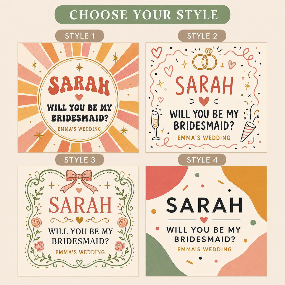 Choose from four coordinated bridesmaid proposal candle label styles