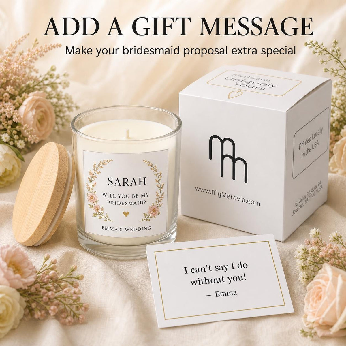 bridesmaid proposal candle with personalized gift-message card and gift box