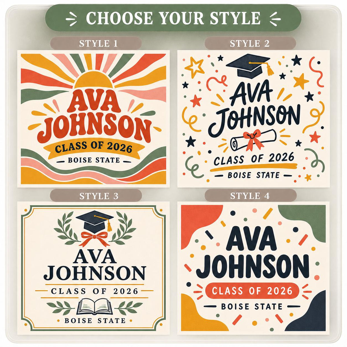 Choose from four coordinated graduation candle label styles