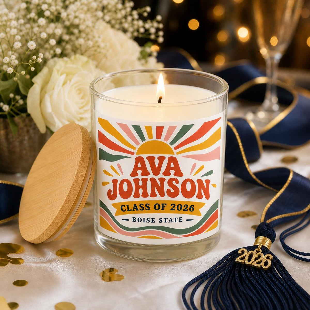 personalized Graduation Candle, Custom Name School and Class Year Gift in a staged gift setting