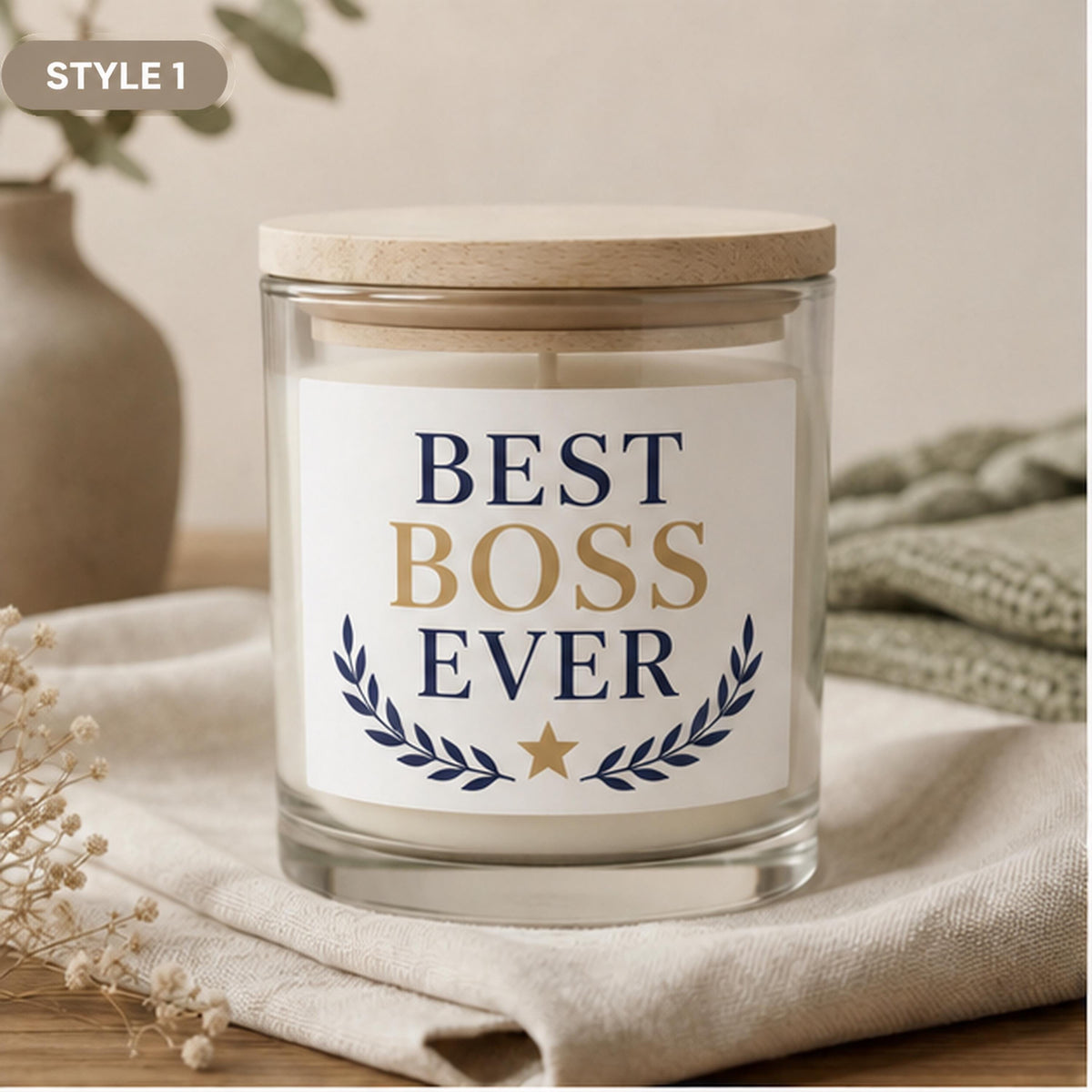 Style 1 Best Boss Ever candle with navy and gold laurel