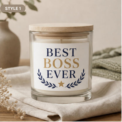 Style 1 Best Boss Ever candle with navy and gold laurel