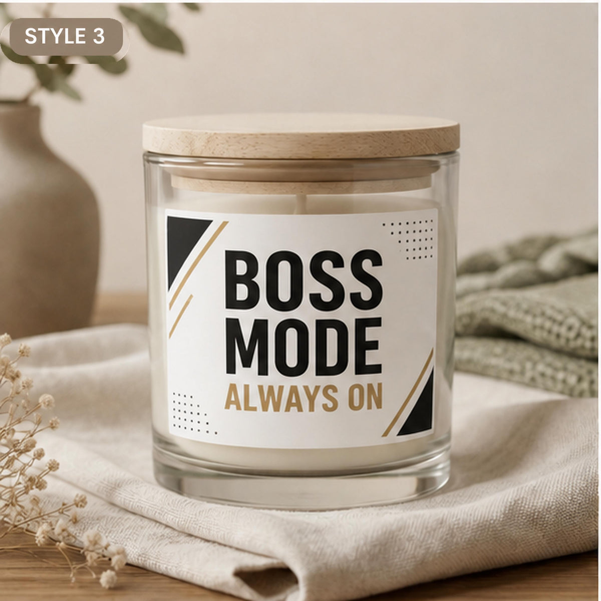 Style 3 Boss Mode candle with modern geometric accents