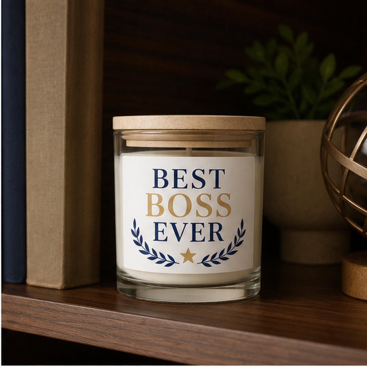 Best Boss Ever candle staged on a cozy study bookshelf