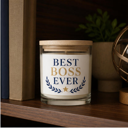 Best Boss Ever candle staged on a cozy study bookshelf