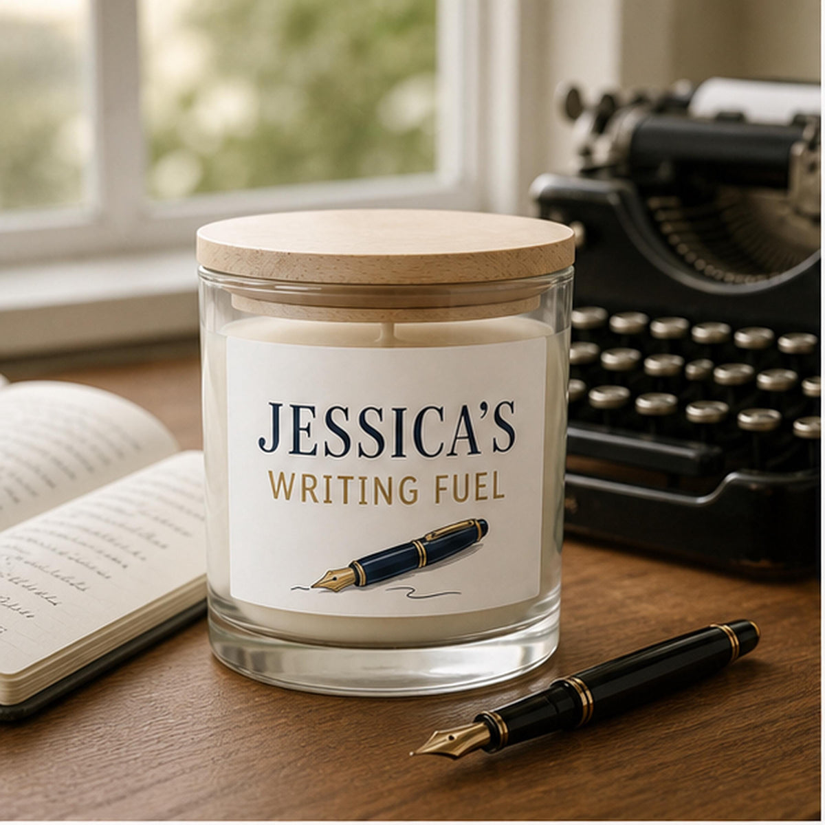 Writer candle staged on a desk with notebook and typewriter