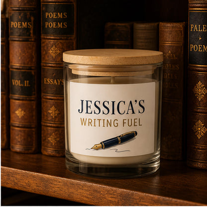 Writer candle staged on a library shelf with vintage books