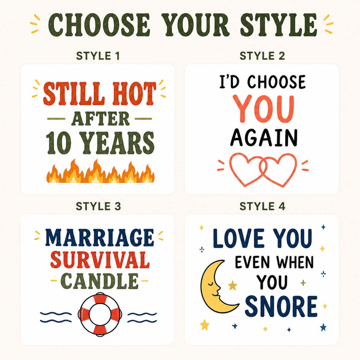 Choose your style guide with four funny anniversary designs