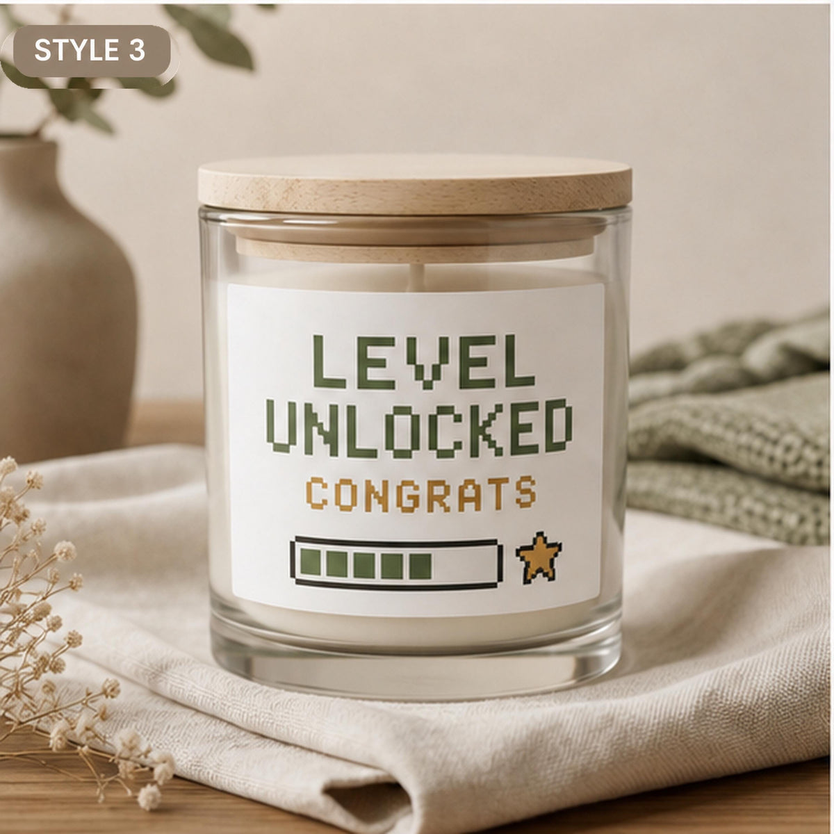 Style 3 Level Unlocked promotion candle