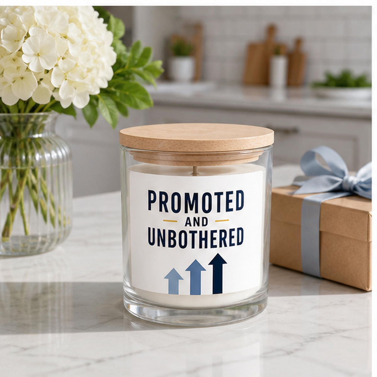 Promotion candle staged on a bright kitchen island