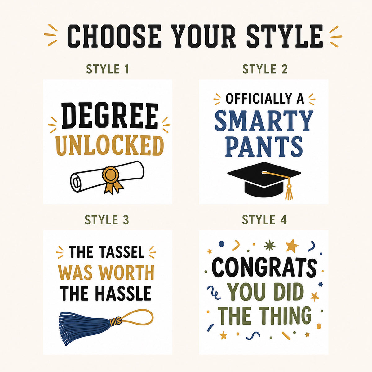 Choose your style guide with four funny graduation designs