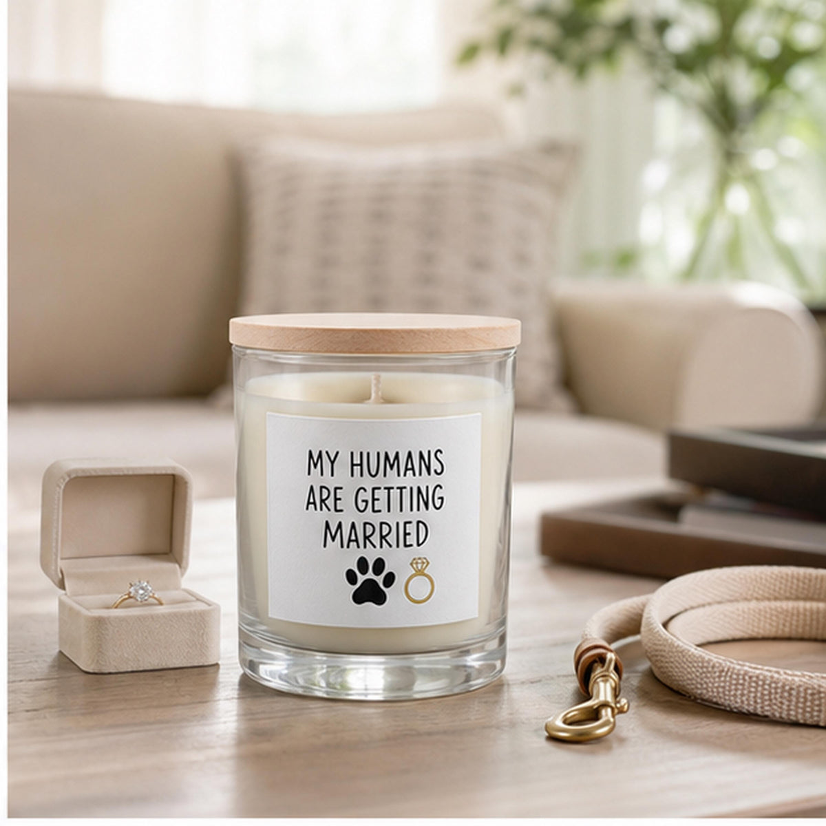 Pet engagement candle with ring box and leash