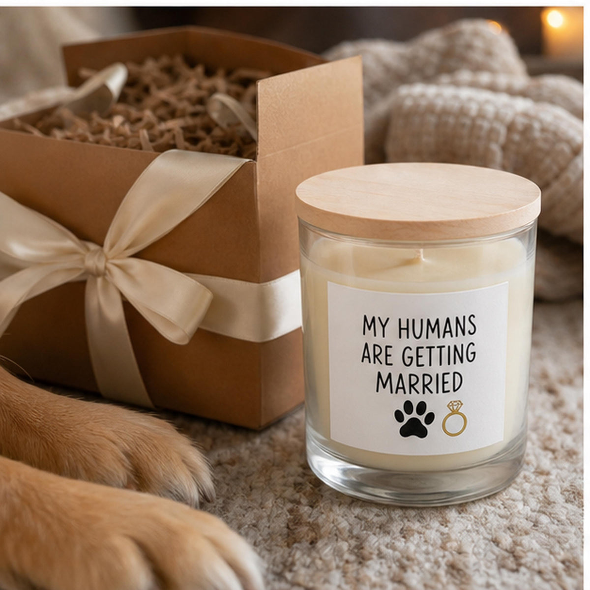 Pet engagement candle in a gift opening scene