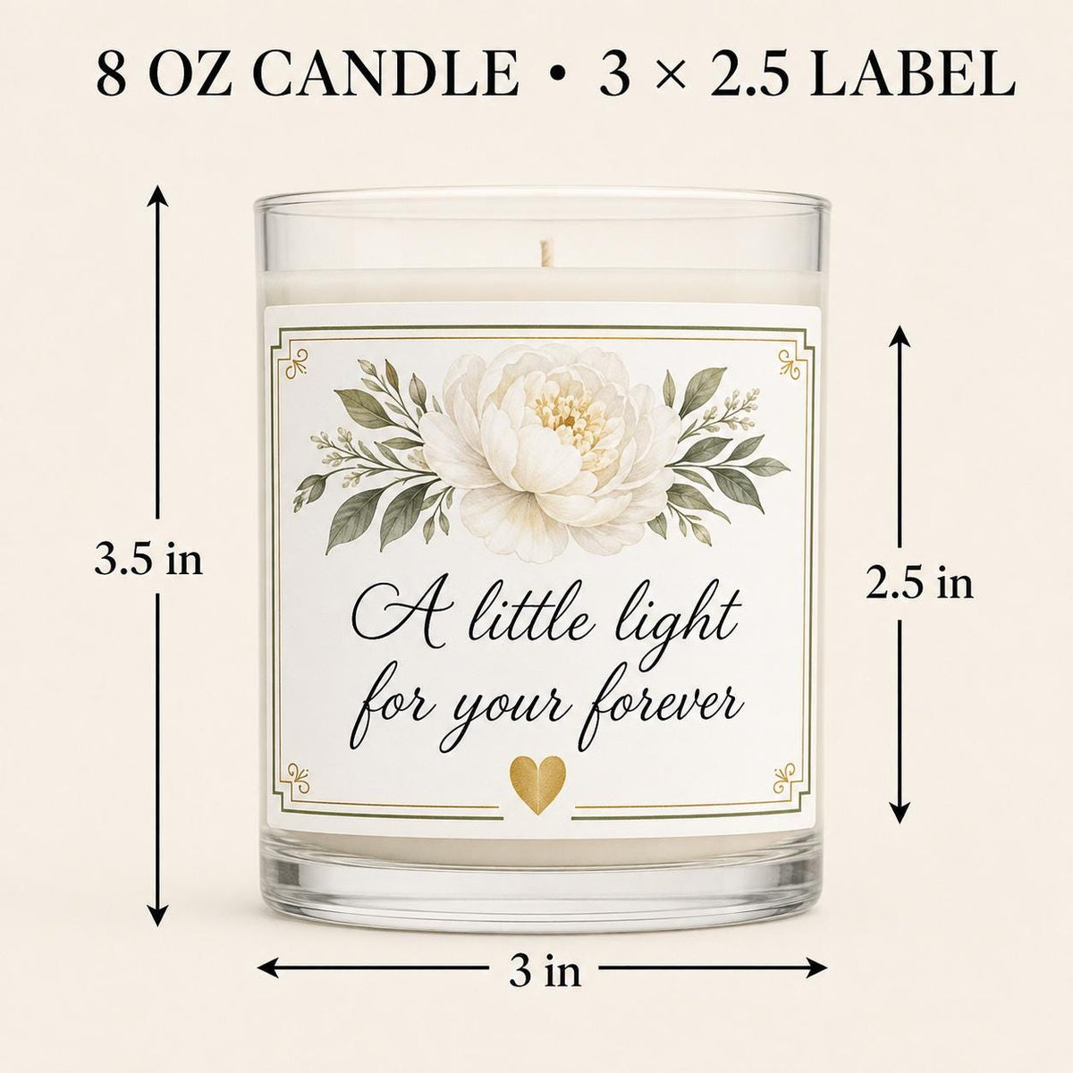 Personalized Wedding Keepsake Candle, Custom Couple Gift — candle-and-label heights dimension image