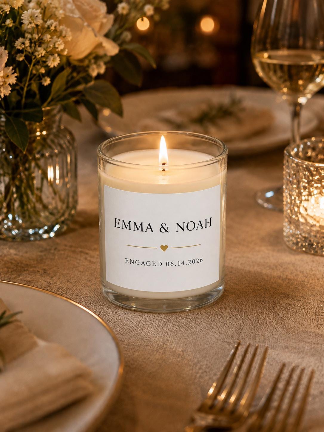 Personalized Engagement Candle, Custom Names and Date Gift, 4 oz or 8 oz Couple Gift — staged image 1