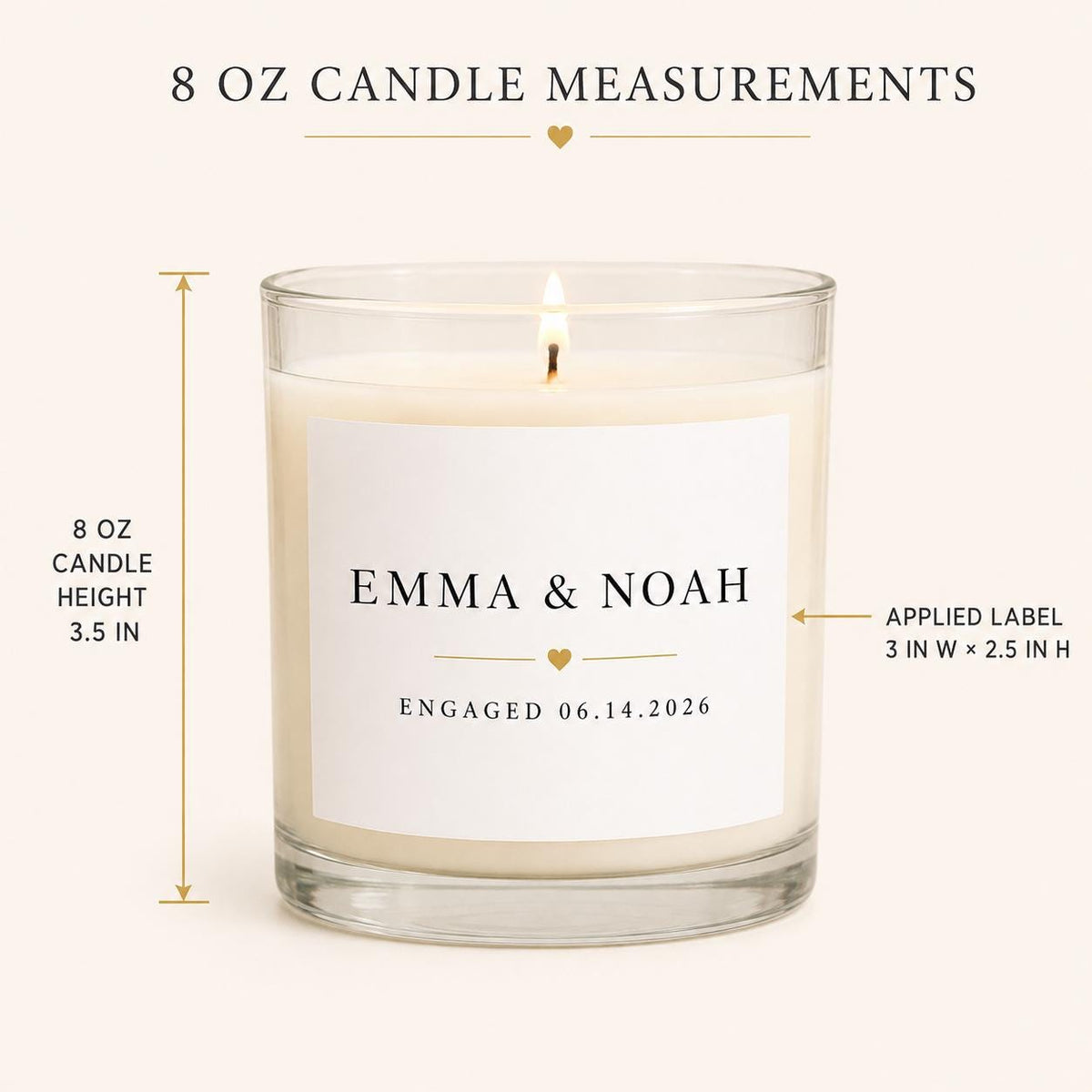 Personalized Engagement Candle, Custom Names and Date Gift, 4 oz or 8 oz Couple Gift — candle-and-label heights dimension image