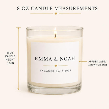 Personalized Engagement Candle, Custom Names and Date Gift, 4 oz or 8 oz Couple Gift — candle-and-label heights dimension image