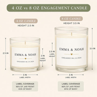 Personalized Engagement Candle, Custom Names and Date Gift, 4 oz or 8 oz Couple Gift — 8oz/4oz comparison