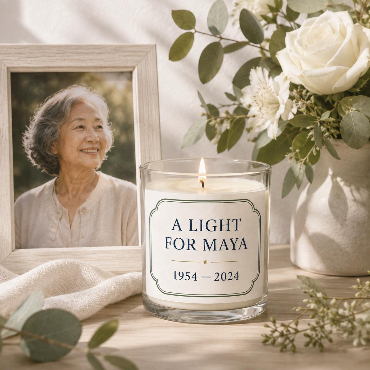 Personalized Memorial Candle, Custom Name and Dates Remembrance Gift, 4 oz or 8 oz — staged image 1