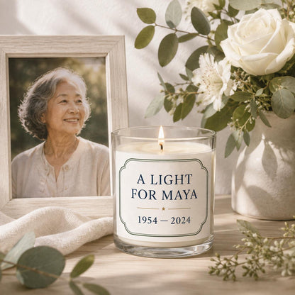 Personalized Memorial Candle, Custom Name and Dates Remembrance Gift, 4 oz or 8 oz — staged image 1